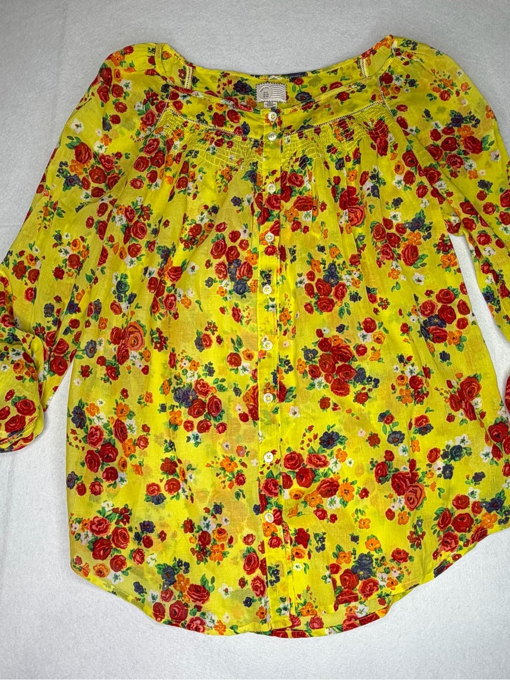 Anthropologie Yellow Floral Smocked Button-Front Blouse Size 0/XS